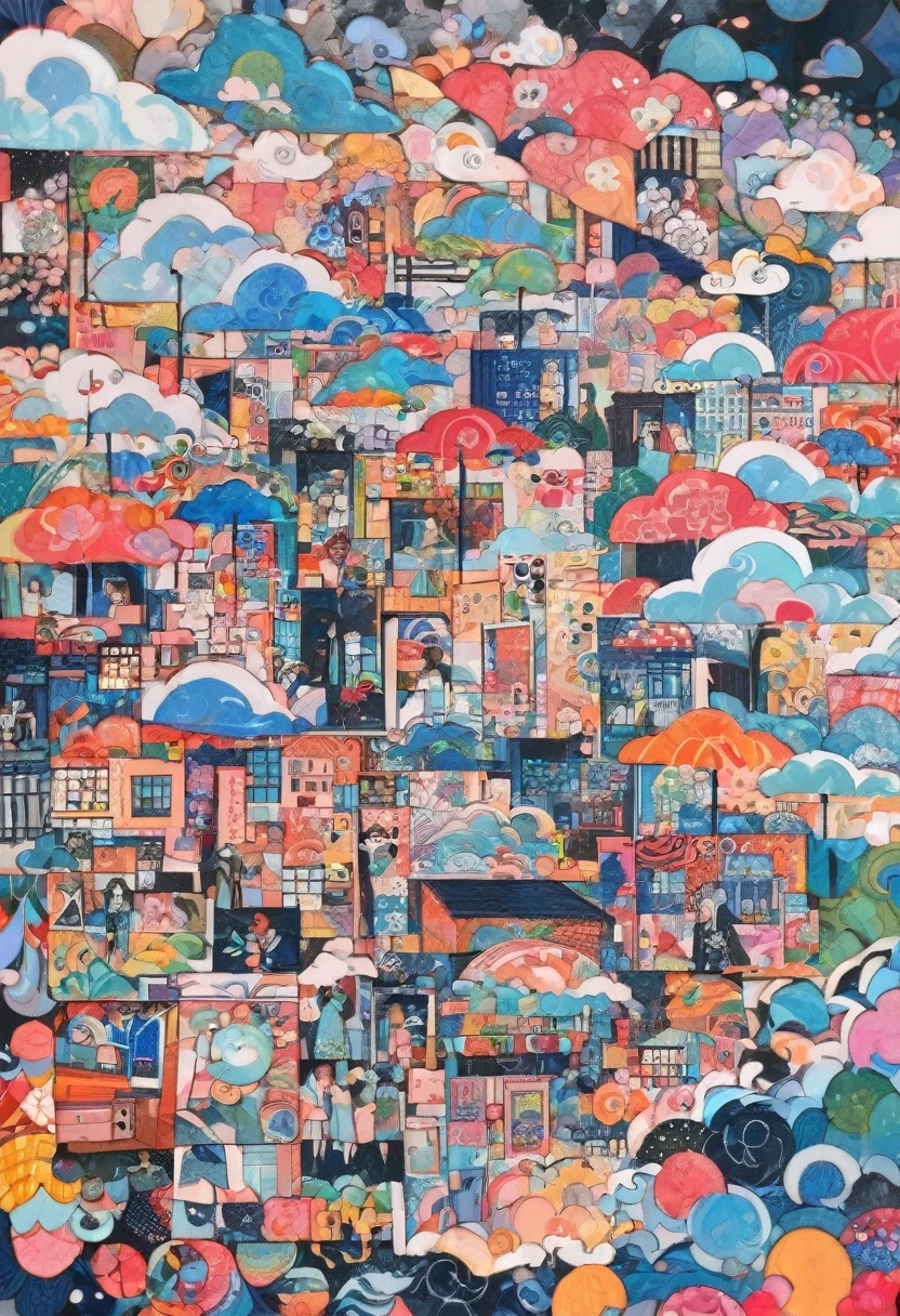 (masterpiece, best quality),
woodblock print collage depicting,tween girl,side view,she is surrounded by cloud and raindrop symbols,detailed face,school-uniform,street,rain coat,typhoon and cyclone and hurricane,colorful, collage art, contemporary artistic collage,