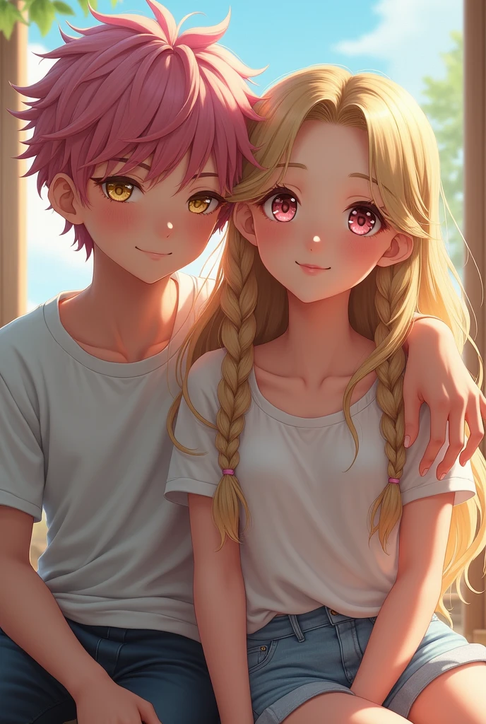 Adult siblings. Japanese teenage beautiful girl with blonde hair wavy braids. Pink almond eyes. Smooth skin. Standing next to a boy. Her brother. Boy with short and messy pink hair. Gold yellow almond eyes. Smooth skin. Beautiful faces. Sit. The boy rest his arm on his sister's shoulder. Cocky face.