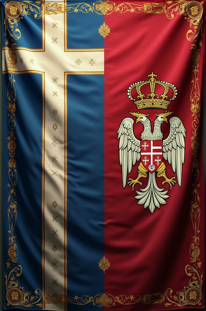 Generate a flag, that will represent unity between Greece and Serbia, under a single royal banner, and under the influence on the eastern orthodox church