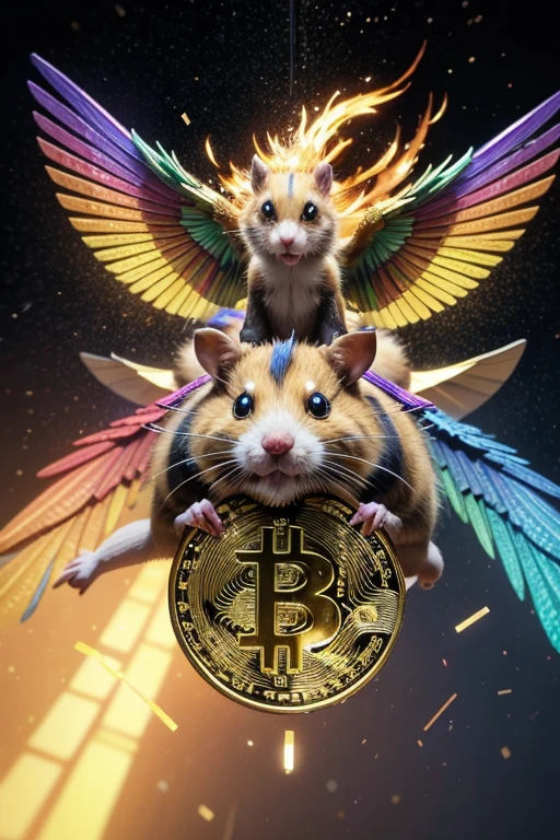 art for youtube channel, with 3d gatoro catching a crypto currency that is flying with wings, colorful and colorful clothes, colorful metallic mirrored background with golden edges, with crypto coins ltc and btc and ton, hamster kokbat,