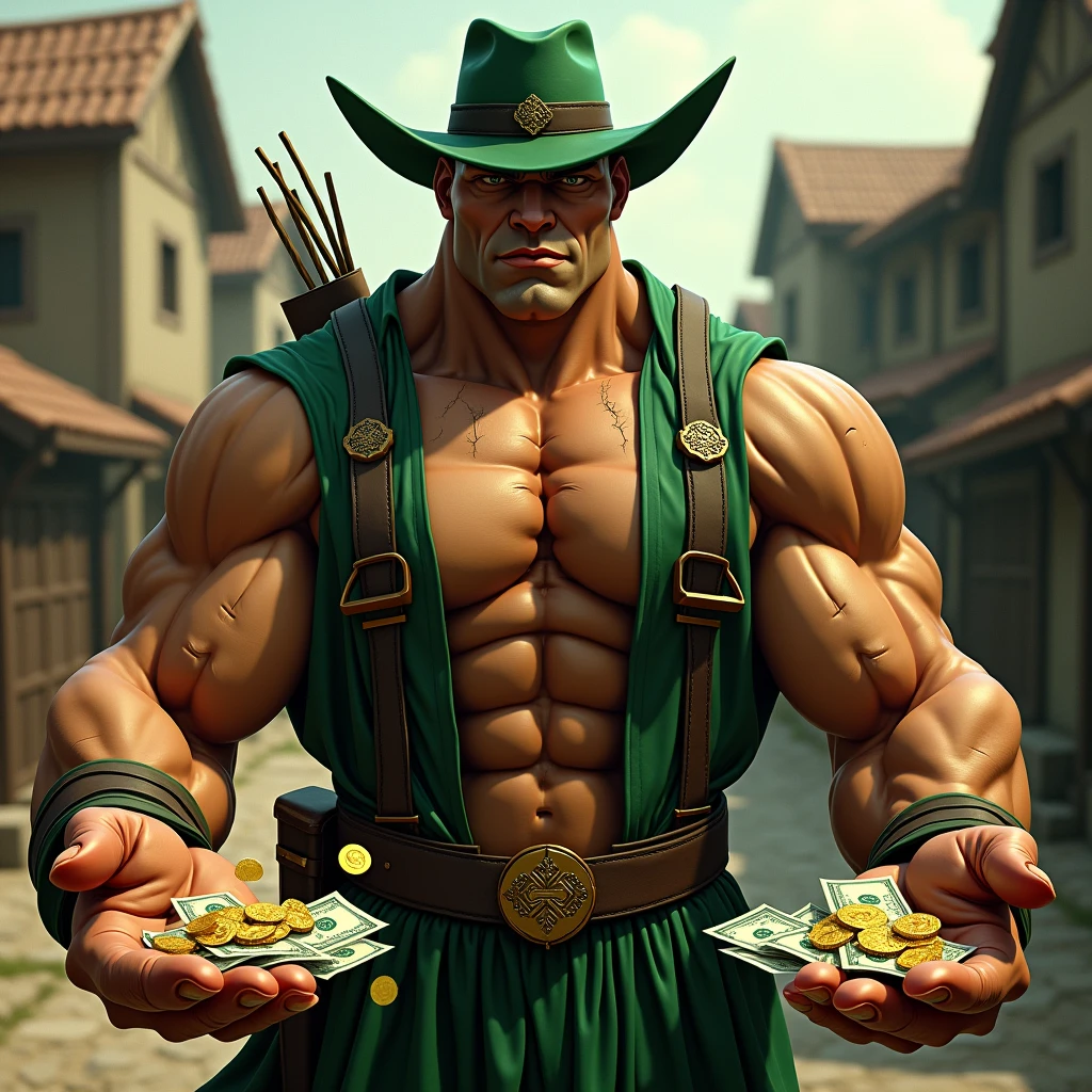 a very strong bodybuilder man, robin hood dress, with the green clothes and green hat characteristic of Robin Hood, muscular, tan muscular que se ven las venas de su cuello, He has his two hands together extended forward full of gold coins and dollars facing forward, like giving them or giving them away. in the background a village with poor medieval houses. The pose is an exaggerated comic or superhero type pose.. The largest thing you see in the image is his two hands together in front of the image holding the coins