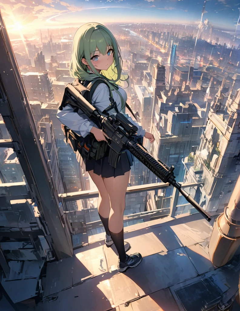 (anime)、(masterpiece:1.2),Atmospheric perspective,Lens flare、Ultra-wide background focused on the girl、Future City、girl standing on the roof、cute、Another World M4 Carbine，Possession of a gun