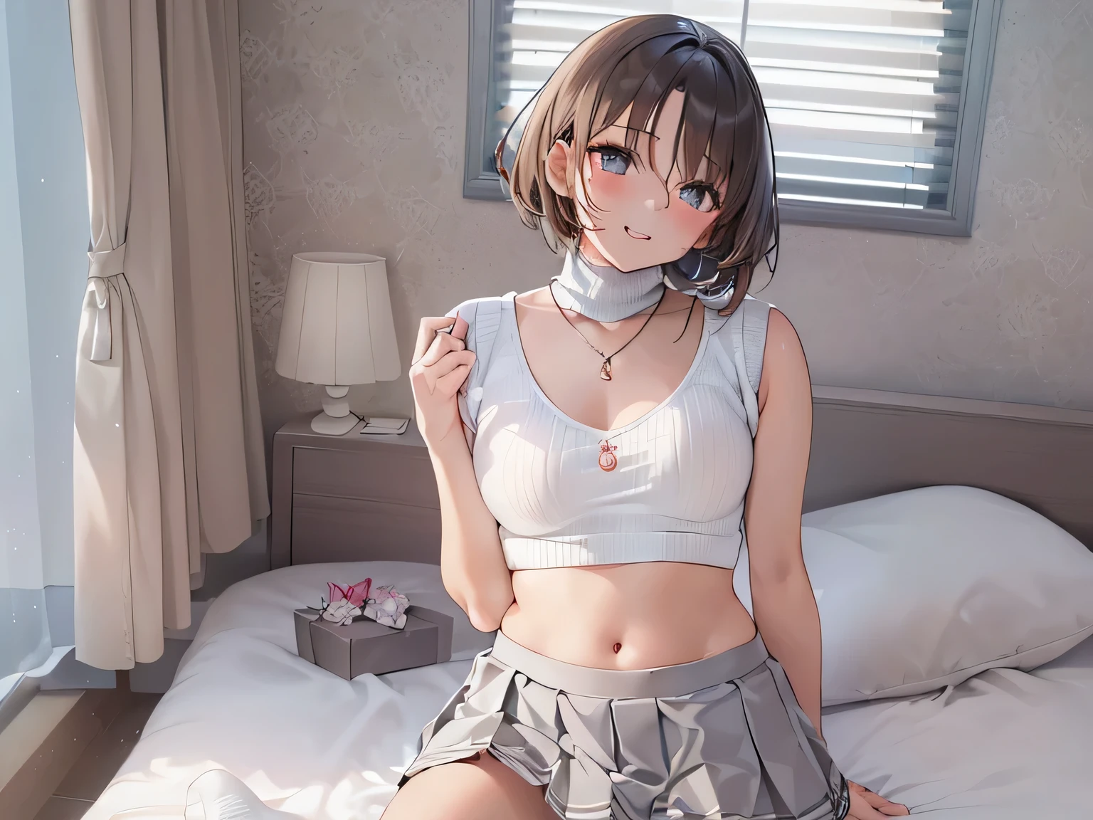 (masterpiece、Highest quality、High resolution、Realistic photo、Real looking skin:1.1)、
(A woman sits on a bed in a bedroom、Crouching、I sleep with my panties on々Showing to:1.8)、
(Her skirt is so short that her panties are visible:1.8)、
(She should have a happy, smiling expression.:1.5)、
(She is wearing a white sleeveless turtleneck sweater.:1.8)、
(She is wearing a grey box pleated skirt.:1.8)、
(She is wearing loose white socks:1.8)、
(The panties are white and patterned:1.5)、
(Brown medium length hair:1.8)、
(My chest is relatively large:1.5)、
(She is the most popular beauty in her grade.:1.5)、
(The place is on the bed in the bedroom:1.5)、
1 Japanese Girl、solo、Full Body Esbian、Beautiful Eyes、Shining Eyes、Shining thighs、NSFW