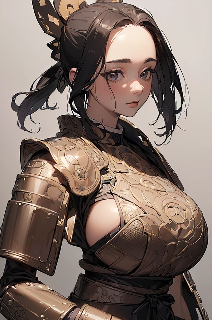 ((((High resolution, Intricate details, masterpiece, 8k, from front)))), (((beautiful, samurai, armor))), ((In the town, One Woman, Big Breasts, Large Breasts, Huge Saggy Tits)), (Black Hair, Beautiful forehead, Long Hair, ponytail, Big ribbon, Glowing Skin), from front, looking at viewer, look at viewer, pub, bright,