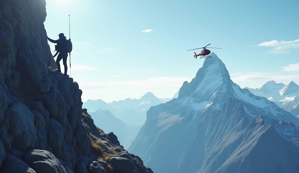 on the left side someone climbing a mountain, on the right side someone arriving with a helicopter on a smaller mountain