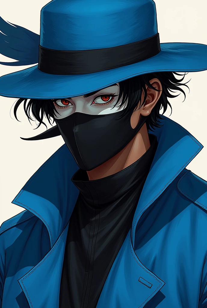 Create a man with blue hat black hair blue jacket white shot brown skin tone Black mask white makeup with black