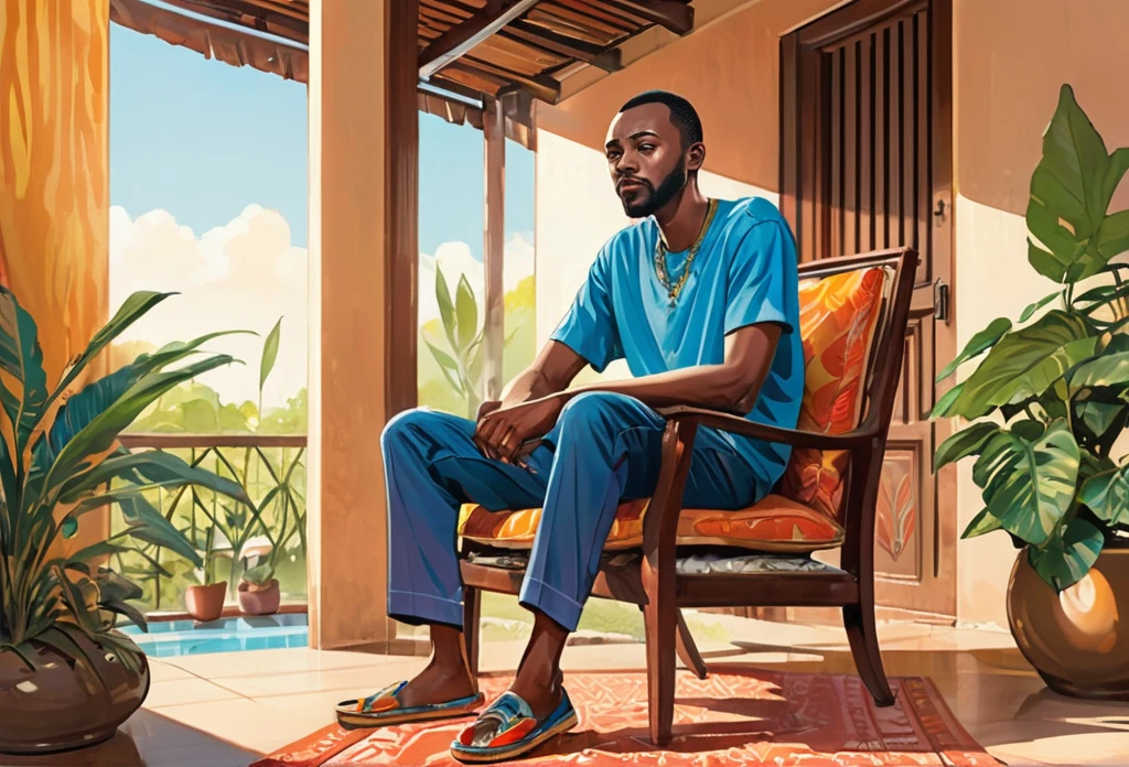 A man sitting down on a chair lazy, wearing casual dress, modern house compound
African (masterpiece best quality:1.2) delicate illustration ultra-detailed, illustrations, bright, colourful,