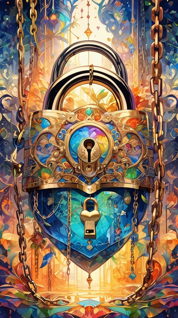 Gold themed abstract art, Nailed to the canvas、Highly detailed colorful key chain, The intricate patterns and shapes of the key chain、Creating an aesthetic composition, Non-representational illustrations, Perfect balance and harmony of colors, Mysterious watercolor style, Glass-like transparency, Simply beautiful... A world where words cannot describe the people watching, Detailed and aesthetically pleasing chain, Highest quality, Highest Resolution, Attention to detail