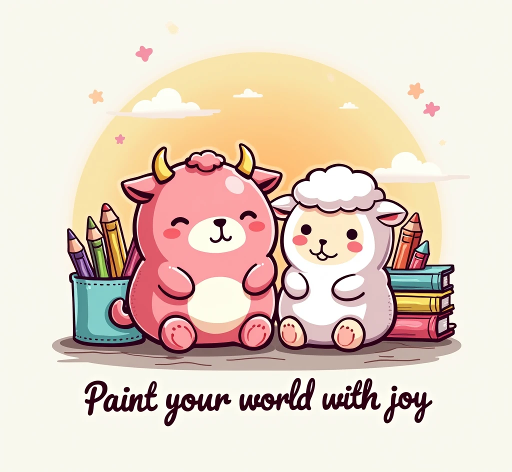 The illustration must feature stationery objects (as colored pencils, pens, notebooks) and two cartoon-style Squishmallows. The first Squishmallow is a happy pink cow, with vibrant colors and details reminiscent of a teddy bear, with a rounded and cozy shape. The second Squishmallow is a cute sheep, also with a plush appearance and with cute and delicate features. Both Squishmallows are in different situations/places that suggest a school fun vibe. Art must have an organic distribution, suitable for shirt printing, avoiding rigid rectangular shapes. Below this scene, inclua o texto “Paint your world with joy,” styled in a fun and colorful way, with the font color transitioning from pink at the top to yellow at the bottom, imitating a sunset. The overall art should evoke a sense of school nostalgia and the joy of drawing., reflecting the theme of a high school summer.