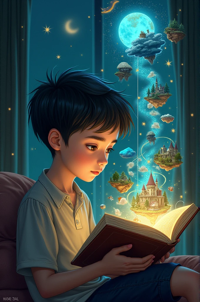 Illustration of a person immersed in a book, with an imaginary world that emerges from the pages of a book.