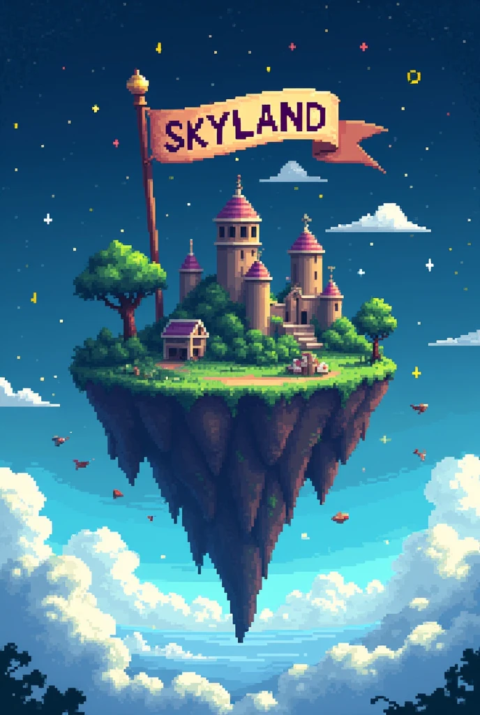 pixel art magical flying island with a banner written SkYLanD night sky
