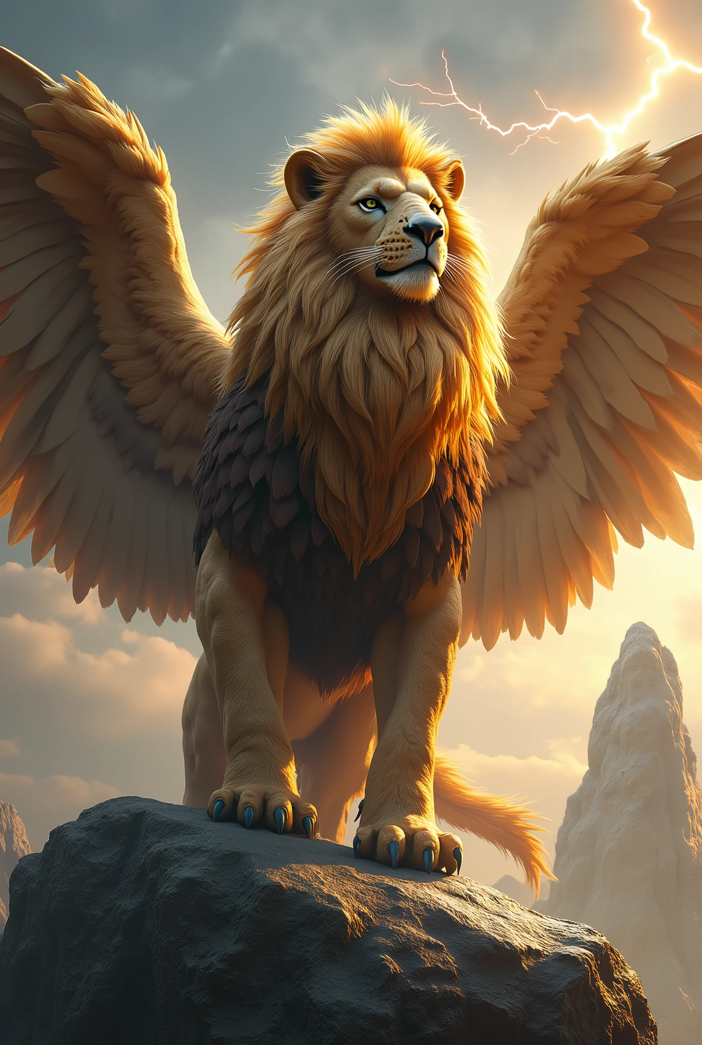gryphonVisualize a majestic gryphon, a mythical creature with the body of a lion and the wings and head of an eagle.
The gryphon stands tall and proud, its muscular lion body exuding strength and grace. Its golden mane flows in the wind, accentuating its regal appearance. The eagle-like head is adorned with sharp, piercing eyes that keenly observe its surroundings, hinting at its keen senses and alertness.Large, powerful wings extend from the gryphon’s back, showcasing intricate feather patterns and a span that suggests its ability to soar through the skies. These wings are poised, ready for flight or to shield its body with their protective embrace.The gryphon’s forelegs are strong and muscular, ending in sharp claws that reflect its predatory nature. Its hind legs mirror the strength and agility of a lion, allowing it to move with speed and precision.This magnificent creature could be depicted in a fantastical environment, perhaps perched on a rocky outcrop overlooking a vast landscape or soaring through a stormy sky with lightning crackling in the background, emphasizing its mythical and powerful nature.The image of the gryphon captures the awe-inspiring blend of strength, grace, and majesty associated with this mythical creature. It symbolizes courage, wisdom, and a connection between the earth and the heavens, inspiring a sense of wonder and fascination.