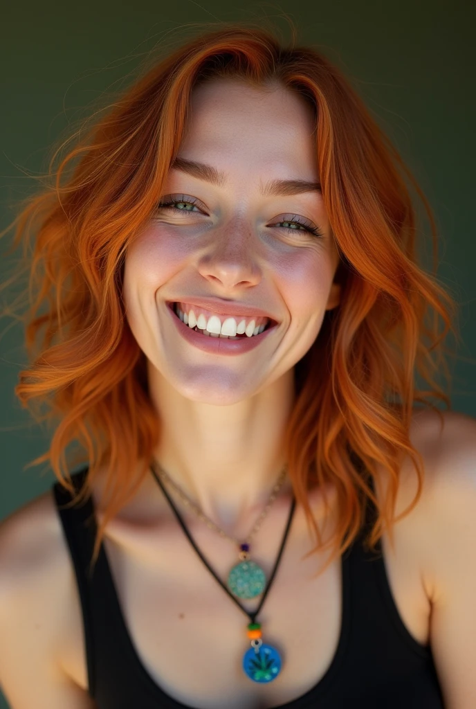 A, cheerful caucasian woman with wavy red hair , no make up,  add skin texture , natural light , she has long nose, bucked teeth, wearing a black tank top and necklaces colorful graffiti, photorealism, camera mark3