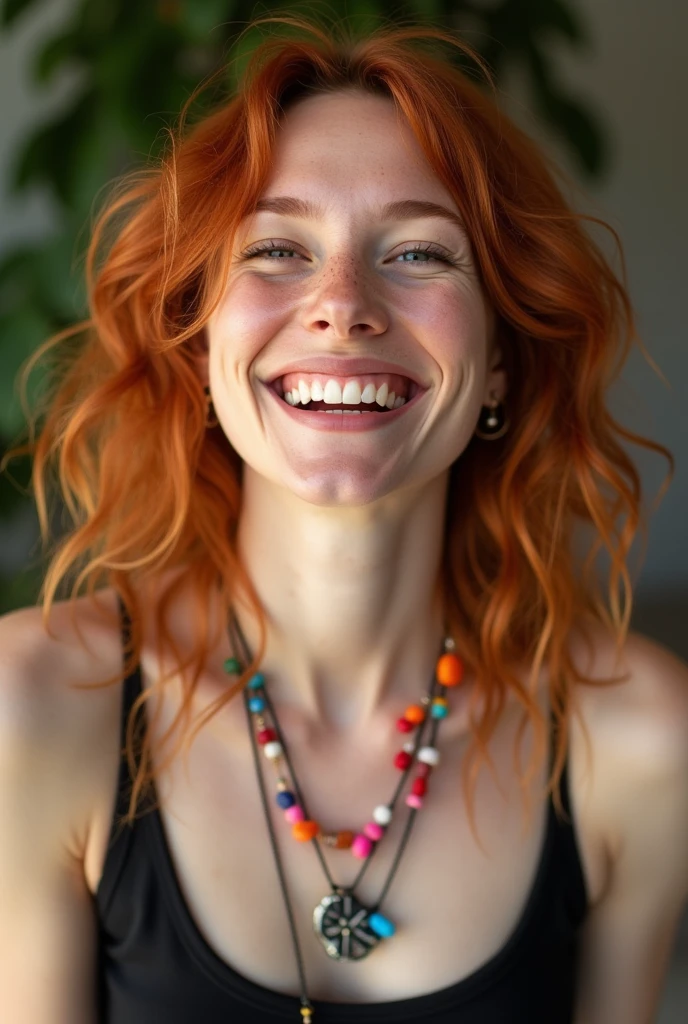 A, cheerful caucasian woman with wavy red hair , no make up,  add skin texture , natural light , she has long nose, bucked teeth, wearing a black tank top and necklaces colorful graffiti, photorealism, camera mark3