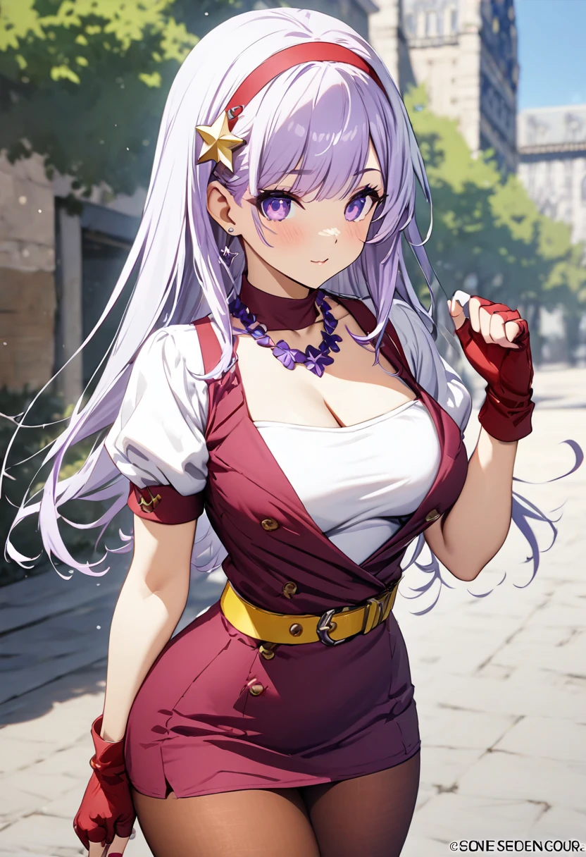 （Masterpiece，Highest quality，Best quality，Official Art，Aesthetics and aesthetics：1.2），（1 Girl：1.3），（Fractal Art：1.3），
solo， Athena 97，Features Red pantyhose，（Cleavage：1.3）（Off-the-shoulder outfit：1.3）
Purple Eyes，Purple Hair，Long white hair，Red Hairband，White high neck sweater，White puffy sleeves，Red pleated skirt，Yellow belt，Purple spherical necklace，Red fingerless gloves，Red open vest，
Star hair ornament，耳Nipple Ring，Middle blade，Short sleeve，Urban Background，