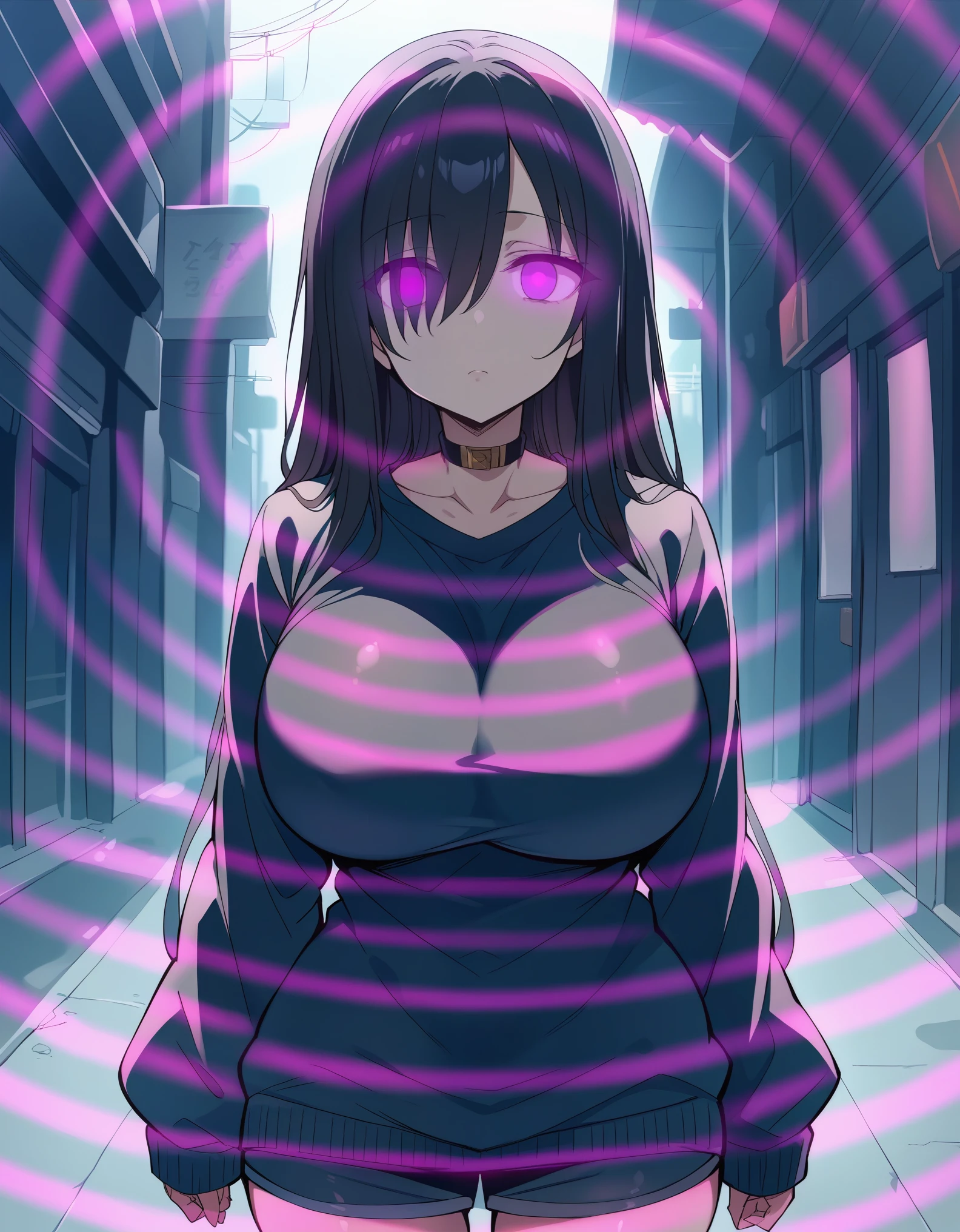 score_9, score_8_superior, score_7_superior_anime, Highest quality, No correction,Black Hair, Gold Mesh,Long Hair, hair over one eye, Huge breasts,  choker,(( 立ちsuperiorがる,View your viewers)), Cowboy Shot,hypno wave, glowing eyes,(sweater coordination)((big breasts 1.8)),empty eyes, (Expressionless, Emotional Removal), Cowboy Shot, darkness, faint light, low contrast, 