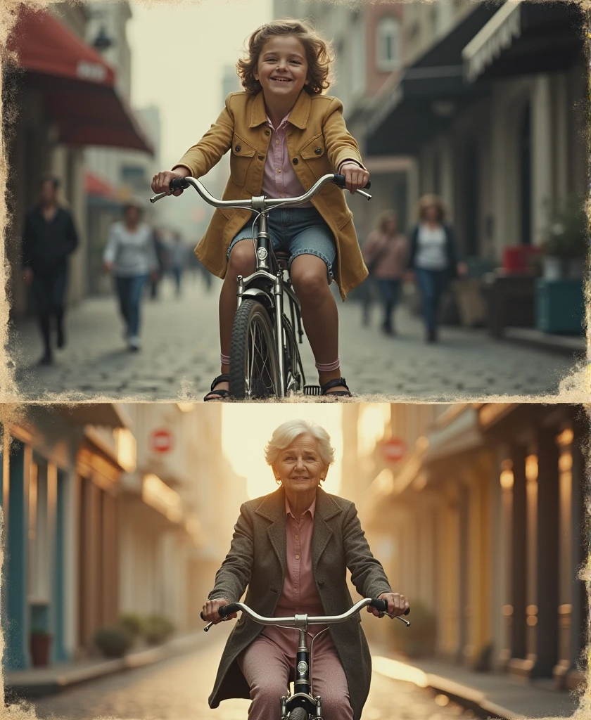 Create a split image with two sections:
Upper Section (Black and White): A black and white photograph of a young girl joyfully riding a vintage bicycle. She has a playful expression and is dressed in classic 1950s attire. The image should have a slightly grainy, aged look with visible film texture and sepia-toned edges to give it the feel of an old photograph. The background should feature a nostalgic, mid-20th-century street.
Lower Section (Color): A vibrant, colorful photograph of an elderly woman, now 7er, riding the same vintage bicycle. She should have a warm, reflective expression, showcasing the passage of time. The scene is set in a modern yet nostalgic setting, with contemporary touches. The elderly woman is dressed in stylish, comfortable clothing that reflects her age but still holds a sense of grace and elegance.
Keywords for Realism and Eye-Catching Appeal:
Black and White Section: Vintage, nostalgic, aged photograph look, grainy texture, sepia-toned edges, classic attire, mid-century street, joyful expression.
Color Section: Vibrant colors, elderly woman, vintage bicycle, reflective expression, stylish clothing, modern yet nostalgic setting, warm ambiance, detailed texture.