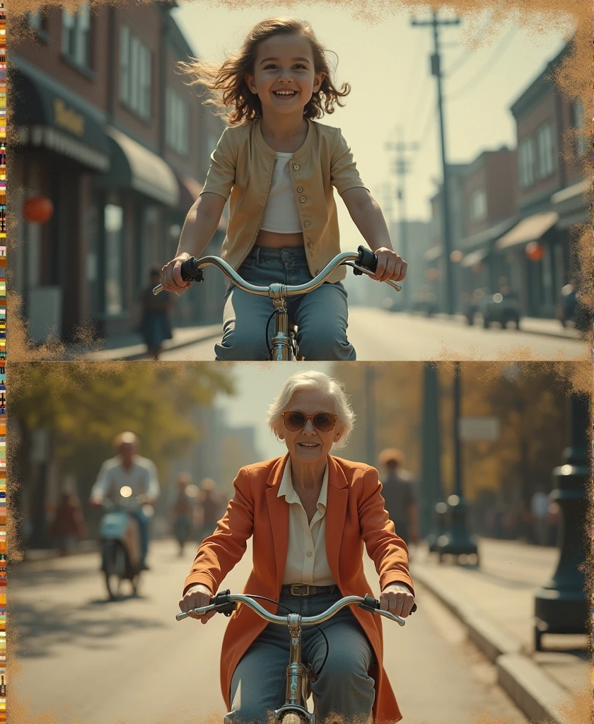 Create a split image with two sections:
Upper Section (Black and White): A black and white photograph of a young girl joyfully riding a vintage bicycle. She has a playful expression and is dressed in classic 1950s attire. The image should have a slightly grainy, aged look with visible film texture and sepia-toned edges to give it the feel of an old photograph. The background should feature a nostalgic, mid-20th-century street.
Lower Section (Color): A vibrant, colorful photograph of an elderly woman, now 7er, riding the same vintage bicycle. She should have a warm, reflective expression, showcasing the passage of time. The scene is set in a modern yet nostalgic setting, with contemporary touches. The elderly woman is dressed in stylish, comfortable clothing that reflects her age but still holds a sense of grace and elegance.
Keywords for Realism and Eye-Catching Appeal:
Black and White Section: Vintage, nostalgic, aged photograph look, grainy texture, sepia-toned edges, classic attire, mid-century street, joyful expression.
Color Section: Vibrant colors, elderly woman, vintage bicycle, reflective expression, stylish clothing, modern yet nostalgic setting, warm ambiance, detailed texture.