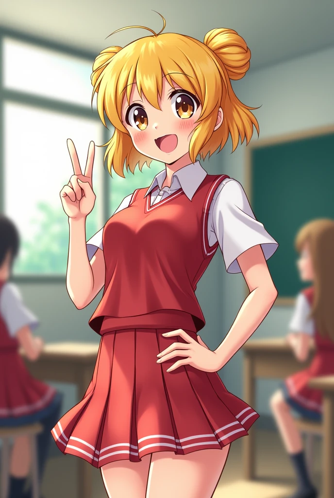 School,classroom,A Japanese girl,Mid-chest,Yellow double bit roll, Red student uniform,Short skirt,Bright Eyes,Lively expression,One finger is worth you,One hand on waist