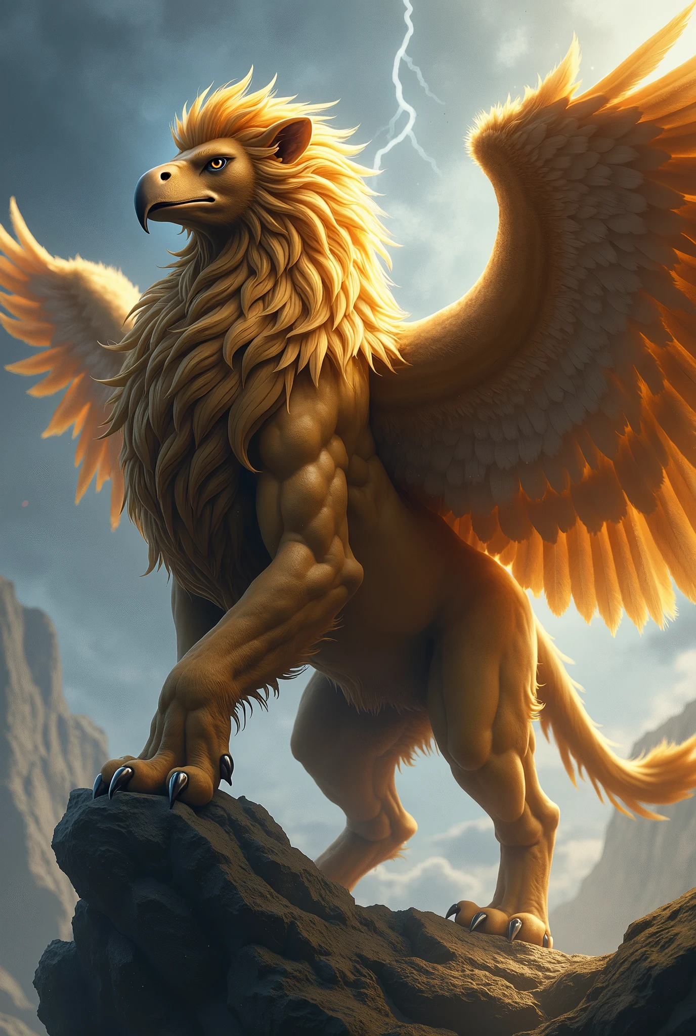 gryphonVisualize a majestic gryphon, a mythical creature with the body of a lion and the wings and head of an eagle.
The gryphon stands tall and proud, its muscular lion body exuding strength and grace. Its golden mane flows in the wind, accentuating its regal appearance. The eagle-like head is adorned with sharp, piercing eyes that keenly observe its surroundings, hinting at its keen senses and alertness.Large, powerful wings extend from the gryphon’s back, showcasing intricate feather patterns and a span that suggests its ability to soar through the skies. These wings are poised, ready for flight or to shield its body with their protective embrace.The gryphon’s forelegs are strong and muscular, ending in sharp claws that reflect its predatory nature. Its hind legs mirror the strength and agility of a lion, allowing it to move with speed and precision.This magnificent creature could be depicted in a fantastical environment, perhaps perched on a rocky outcrop overlooking a vast landscape or soaring through a stormy sky with lightning crackling in the background, emphasizing its mythical and powerful nature.The image of the gryphon captures the awe-inspiring blend of strength, grace, and majesty associated with this mythical creature. It symbolizes courage, wisdom, and a connection between the earth and the heavens, inspiring a sense of wonder and fascination.