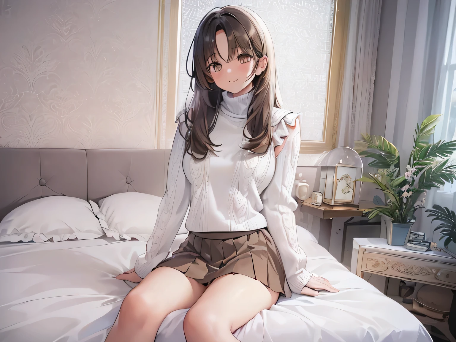 (masterpiece、Highest quality、High resolution、Realistic photo、Real looking skin:1.1)、
(A woman sits on a bed in a bedroom、Crouching、I sleep with my panties on々Showing to:1.8)、
(Her skirt is so short that her panties are visible:1.8)、
(She should have a happy, smiling expression.:1.5)、
(She is wearing a white sleeveless turtleneck sweater.:1.8)、
(She is wearing a grey box pleated skirt.:1.8)、
(She is wearing loose white socks:1.8)、
(The panties are white and patterned:1.5)、
(Brown medium length hair:1.8)、
(My chest is relatively large:1.5)、
(She is the most popular beauty in her grade.:1.5)、
(The place is on the bed in the bedroom:1.5)、
1 Japanese Girl、solo、Full Body Esbian、Beautiful Eyes、Shining Eyes、Shining thighs、NSFW