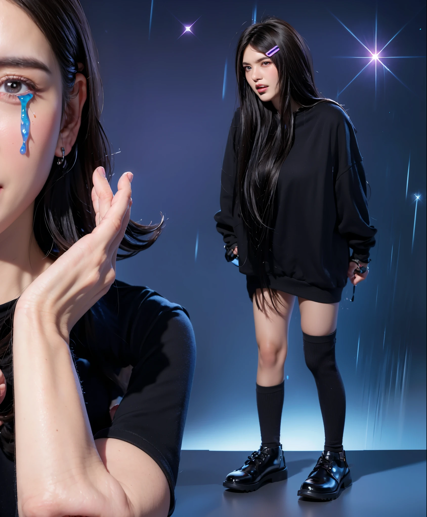 The image shows a young girl with short brown hair, wearing a black top, standing against a solid purple background. She looks very sad, with large tears visibly streaming down her face, rendered in a vivid blue color. Her expression is one of deep sorrow, as her eyebrows are furrowed and her mouth is turned downward in a frown. Her hands are raised towards her face, adding to the impression of distress. The exaggerated blue tears emphasize the intensity of her emotions, making the sadness more pronounced in the image. he purple background complements the costume, creating a vibrant and engaging scene. (glossy plastic texture with multiple big light probe refractions), perfect cgi, smooth silhouette, high intensity refraction, (super glossy plastic material), most beautiful vfx, , realistic, 4k, high resolution, rim light, smooth 3d model, multiple light sources, rim light, sharp post effects render,, realistic, 4k, high resolution, rim light detailed digital art, reflective, best quality, 4k, masterpiece:1.2, ultra-detailed, realistic, vivid colors, The image of the highest quality, ensuring every detail showcased perfectly. It in 4k resolution, allowing viewers to immerse themselves in the richness of the colors and intricate details. The realistic rendering. under the spotlight, reflecting, high-resolution image, realistic rendering