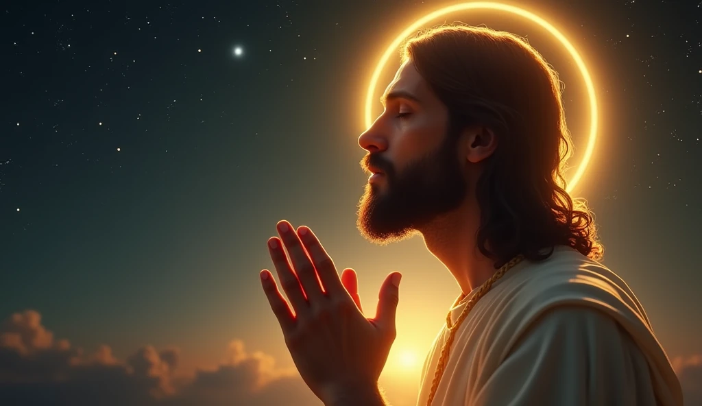 A viral social media image of Jesus praying on the right side, with soft golden light illuminating his peaceful face, surrounded by a serene, starry night sky and a gentle, glowing halo.