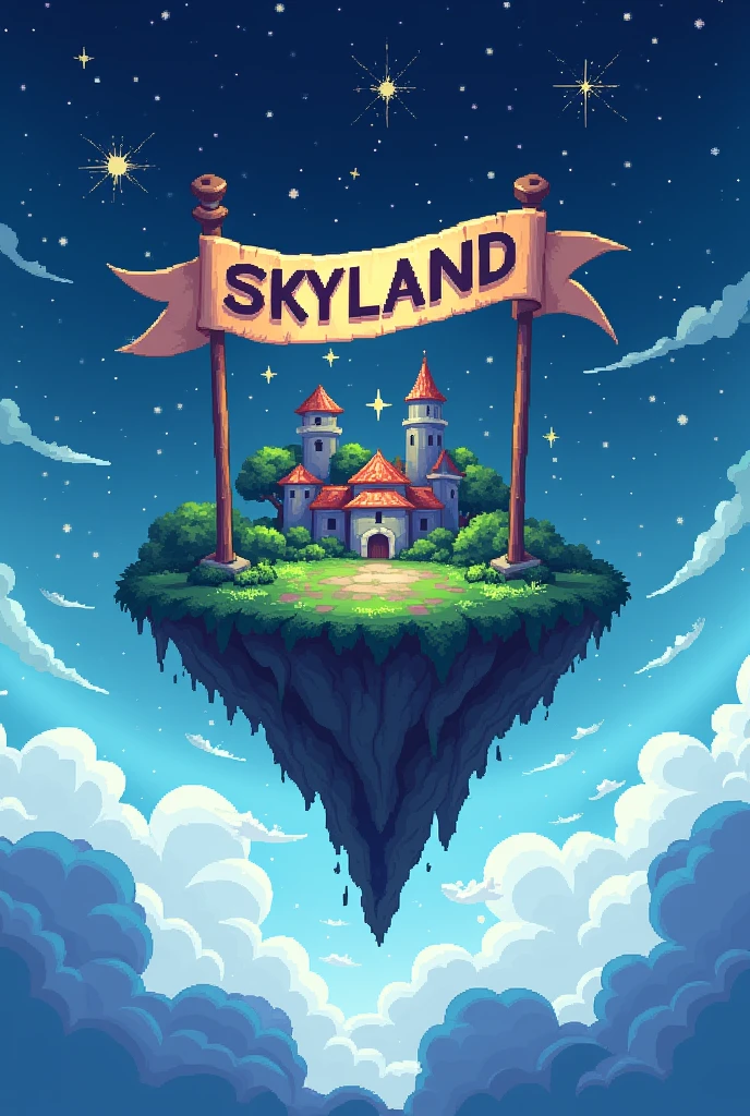 pixel art magical flying island with a banner written SkYLanD night sky