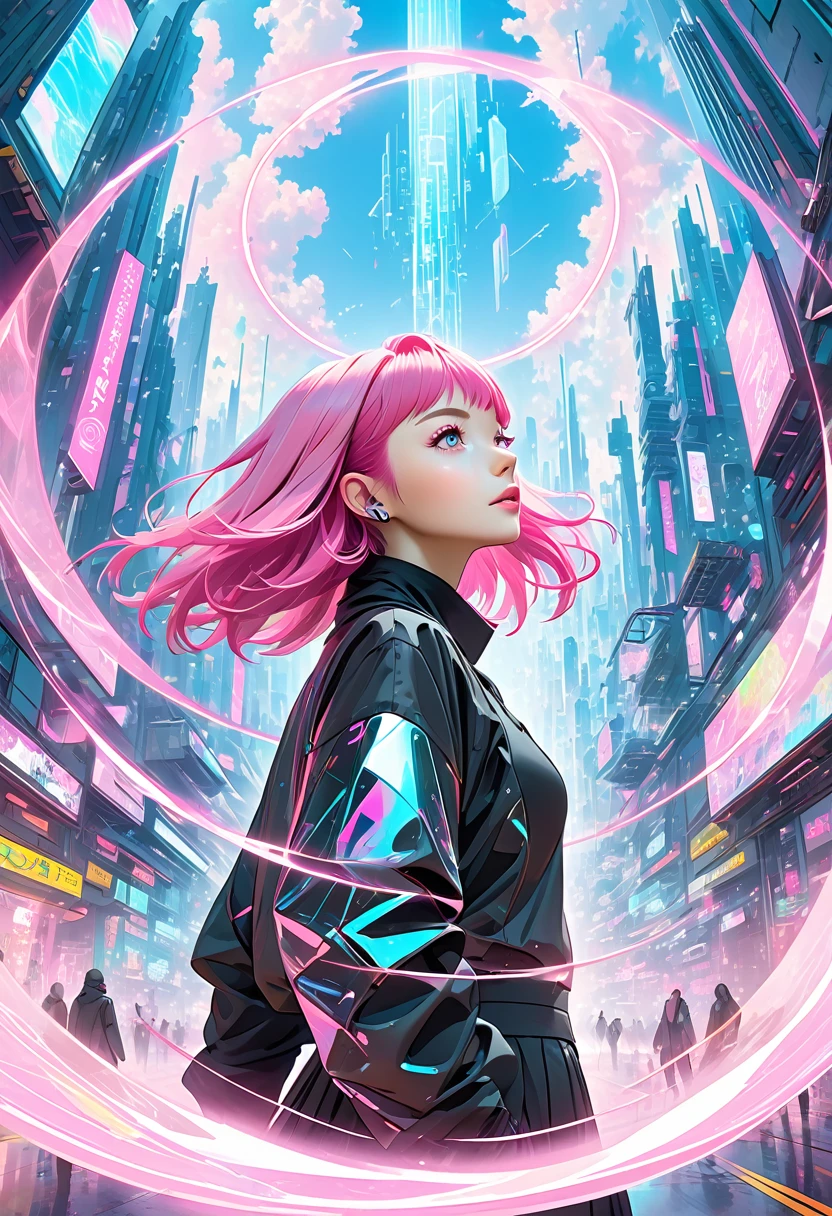 cyberpunk, pink hair, of the future, Surrealism, ultra wide angle, wide angle lens, look up, dynamic movement, express, businesslike, Sacred Edge, laser hologram