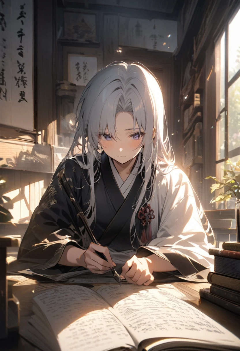 In the quiet study、A male swordsman『Book of Five Rings』is writing。In the background, soft light shines through the window.