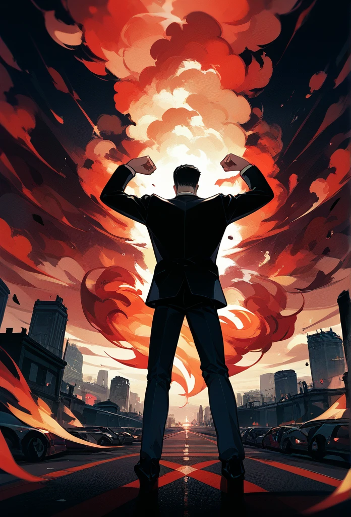mature male, humanoid, (faceless, slenderman faceless, black head), black suit, shadow aura, fire background, ruined city, apocalypse, (open arms pose), (red skies, red clouds)