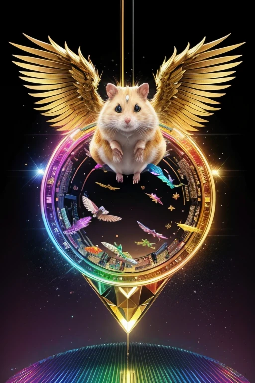art for youtube channel, with 3d gatoro catching a crypto currency that is flying with wings, colorful and colorful clothes, colorful metallic mirrored background with golden edges, with crypto coins ltc and ton, hamster kokbat,