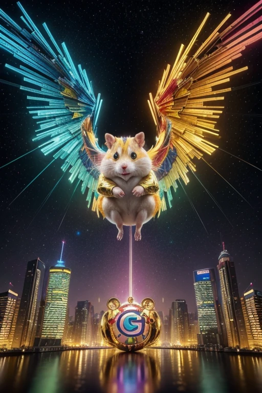 art for youtube channel, with 3d gatoro catching a crypto currency that is flying with wings, colorful and colorful clothes, colorful metallic mirrored background with golden edges, with crypto coins ltc and ton, hamster kokbat,