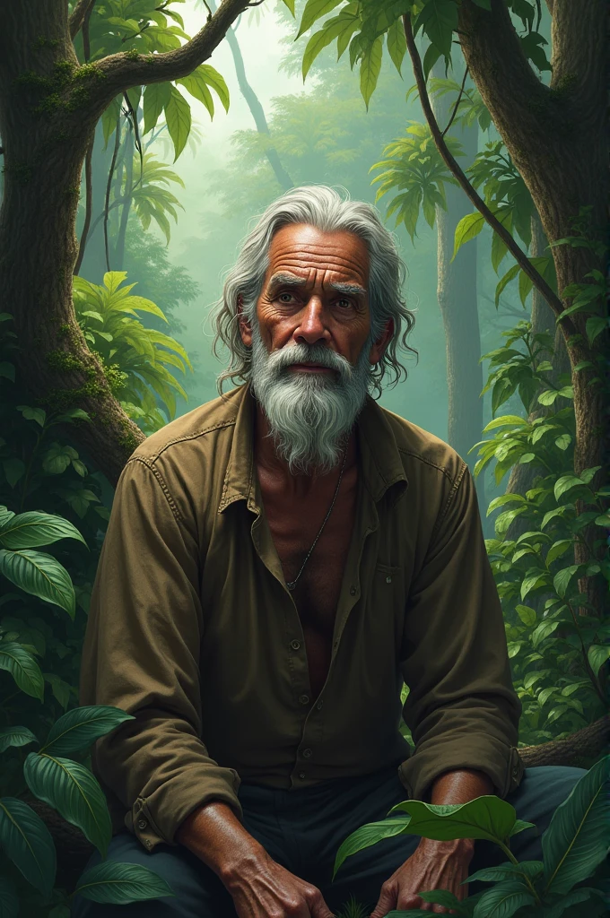 An  poor old man with small France beard in brown clothes live in a jungle si image