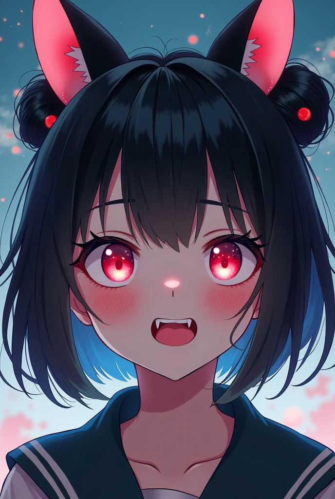 black hair, hair bobbles, wince, longeyelashes, solid circle eyes, fake animal ears, light smile, ear blush, fang, ccurate, anal,  Anal Intercourse , Surrealism, drop shadow, anaglyph, stereogram, tachi-e, pov, atmospheric perspective, 8k, super detail, best quality