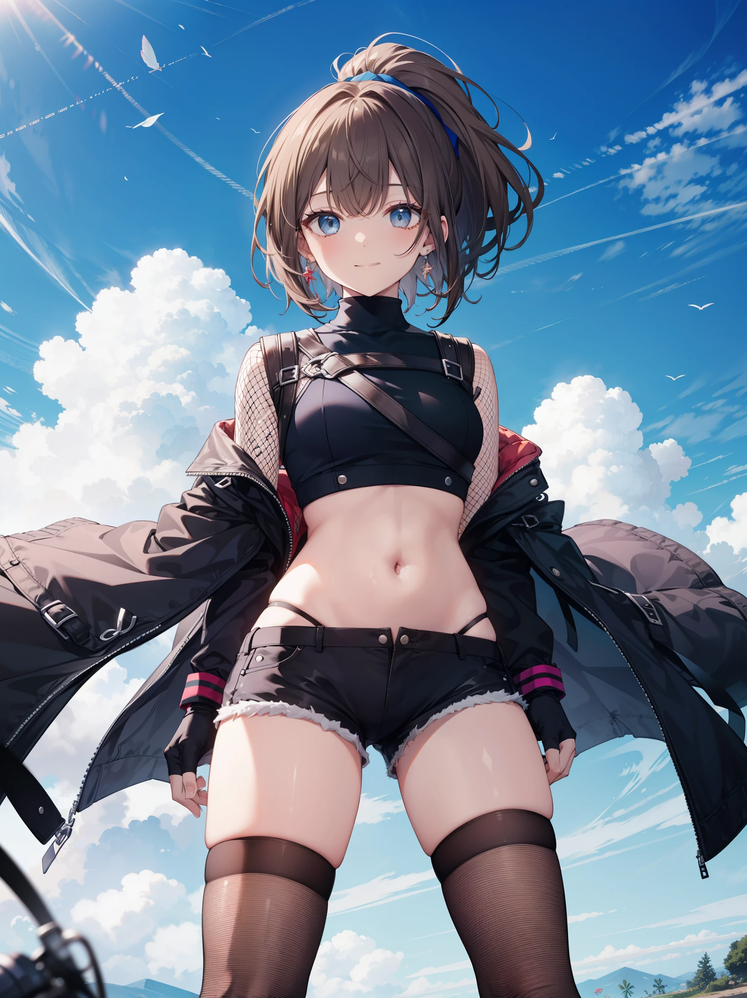 ,Haircuts, pixie cut,
BLAKE crop top, fingerless gloves, fishnet Thighhighs, fishnet, forehead protector, gloves, head band, belly button, very_short_shorts, shorts, single sleeve, No sleeve, No sleeve turtleneck, Thighhighs, turtleneck, darkbrown_hair,
、blue sky、smile, solo,rising_leg,solo,crotch,open_legs,ponytail,