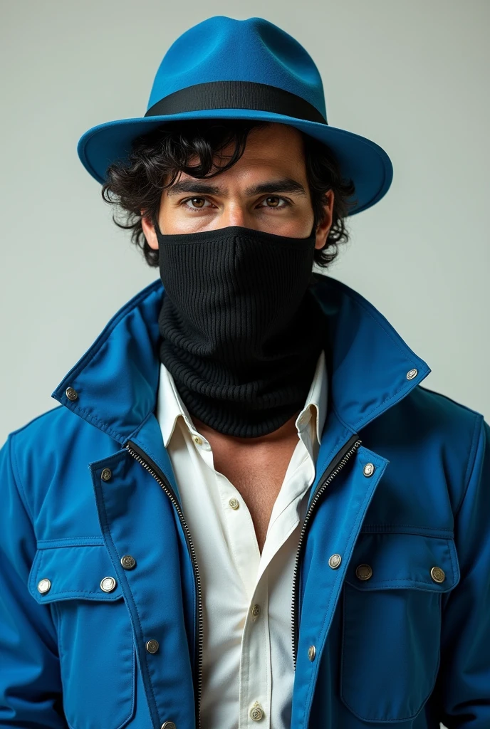 Create a man with blue hat black hair blue jacket white shot brown skin tone Black mask