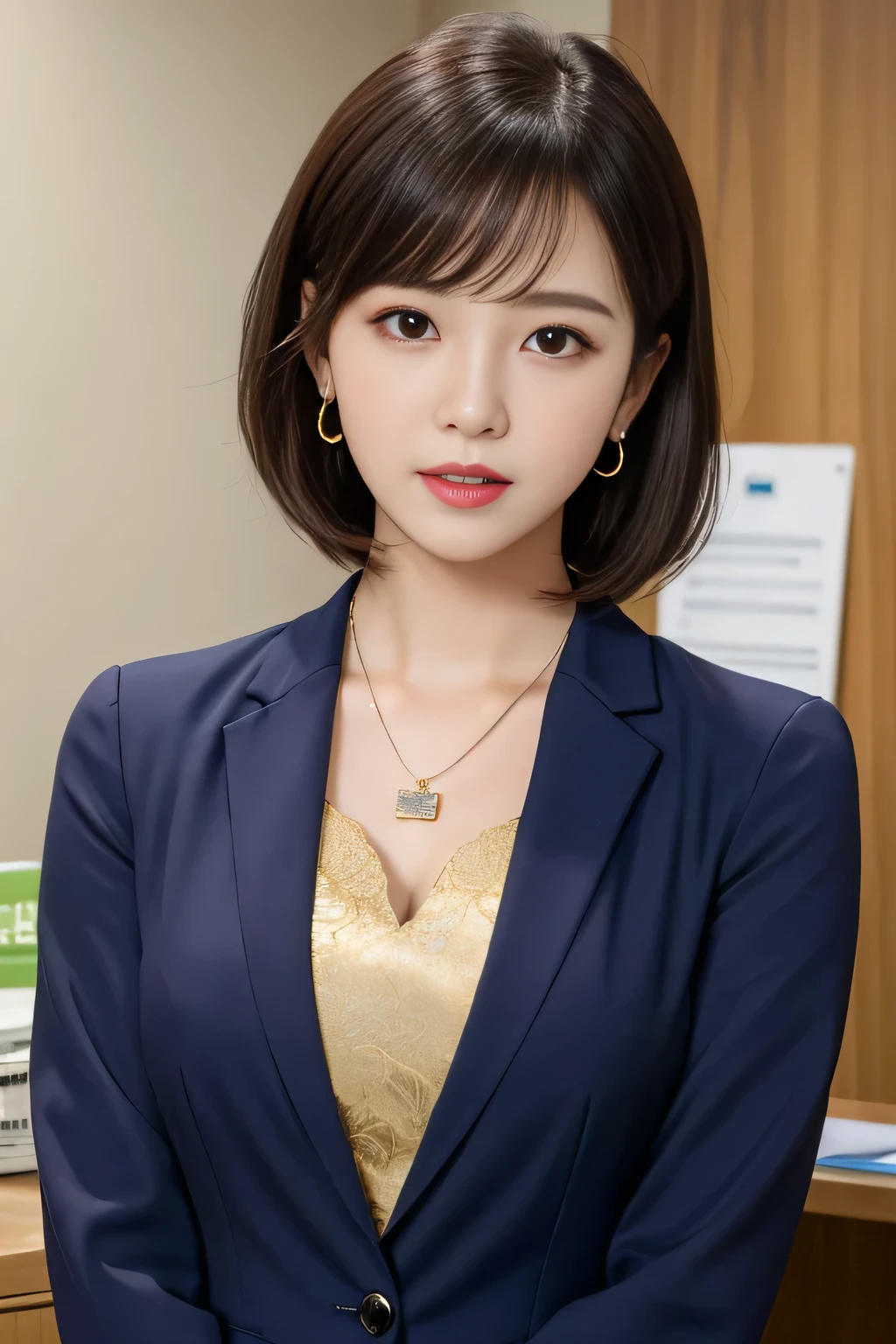 High resolution, Very detailed, Intricate details, 、ear piercing、Expressionless、short hair、Black Hair、Please open your mouth a little、Clear beauty,(High quality fabric, Office Lady Suits 、Necklace around the neck、, The background is the office
