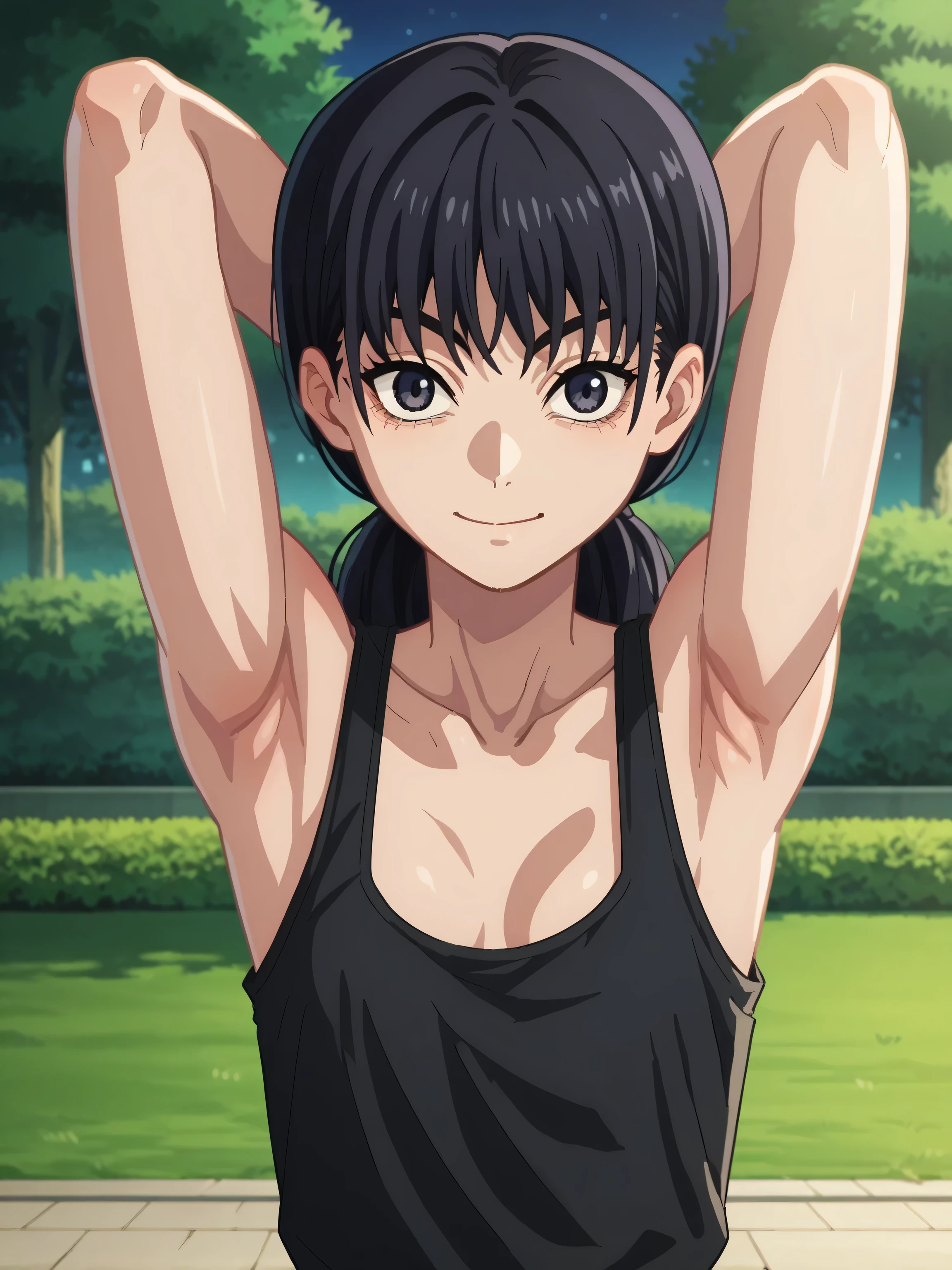 score_9, score_8_up, score_7_up, source_anime, anime screencap, 1girl, solo, outdoors, park, night, mitaka asa, black eyes, long hair, low twintails, black hair, tank top, black tank top, bare shoulders, bare arms, looking at viewer, eye contact with viewer, facing viewer, smile, closed mouth, arms behind head, armpits, in the center, symmetrical, small breasts, collarbone 