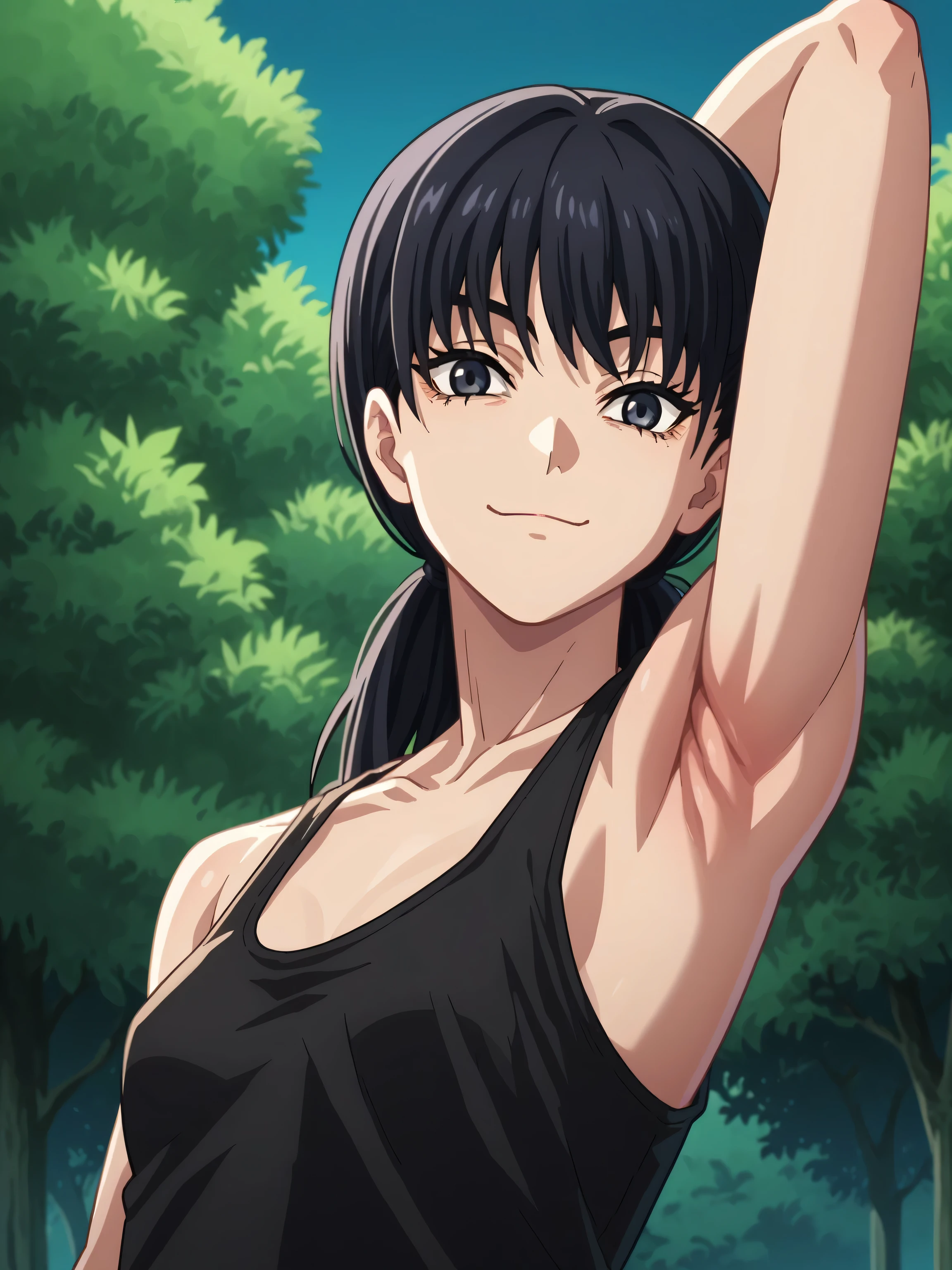 score_9, score_8_up, score_7_up, source_anime, anime screencap, 1girl, solo, outdoors, park, night, mitaka asa, black eyes, long hair, low twintails, black hair, tank top, black tank top, bare shoulders, bare arms, looking at viewer, eye contact with viewer, facing viewer, smile, closed mouth, arm behind head, armpit, from side, from below, small breasts, collarbone