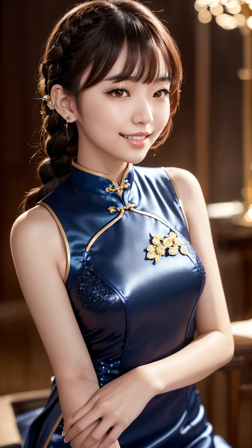 Realistic, masterpiece, highest quality, Highest resolution, One Japanese woman, Happy smile, Detailed and beautiful eyes, Iris, Sparkling eyes, Thin eyebrows, Gives your eyelashes a delicate finish, False eyelashes, Natural Makeup, (Braided Hair, Blunt bangs, Brown Hair:1.2), Detailed face, She looks to the side and into the distance, laughing, Mouth open, cheeks pink, (A navy blue cheongsam with flashy and glittering decorations:1.3), Upper body photo, Portrait background