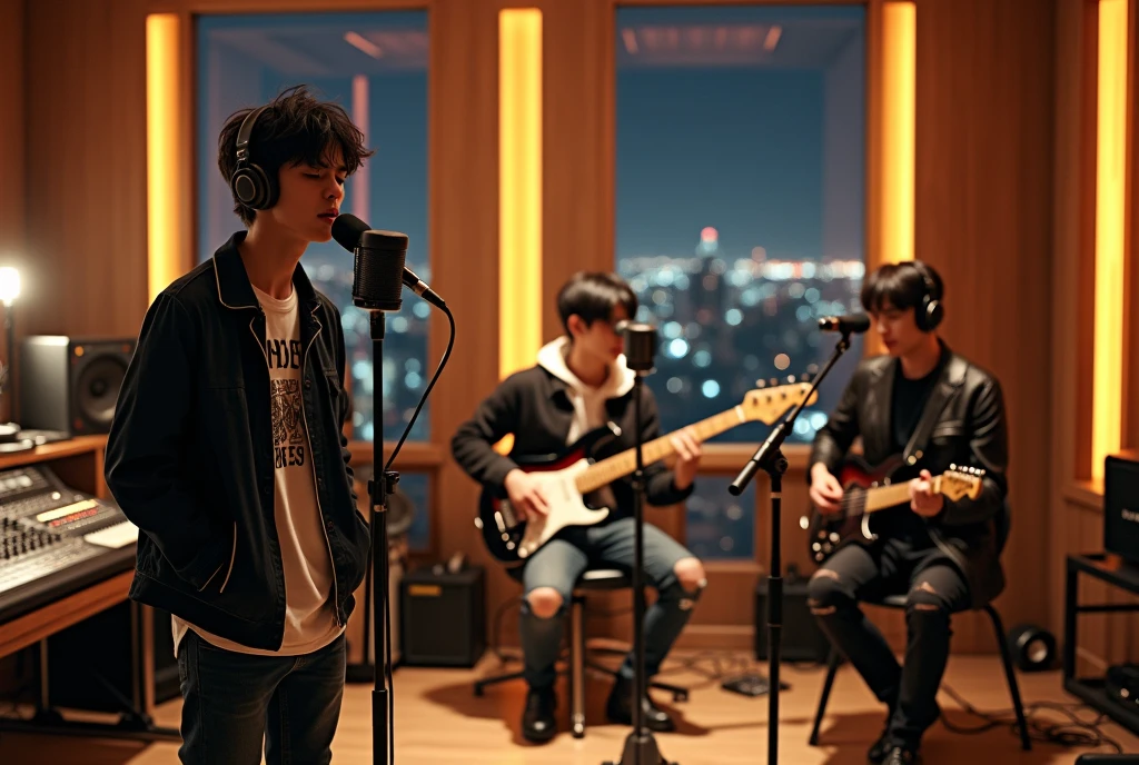 In a sleek, modern recording studio, three handsome Korean male band members are hard at work recording a new song. The first member, with tousled dark hair and a trendy jacket over a graphic tee, stands at a microphone, passionately singing with his eyes closed, deeply connected to the lyrics. He wears large, over-ear headphones. The second member, with slightly wavy hair, sits at a state-of-the-art mixing console, wearing a hoodie and ripped jeans. He has his own microphone on a stand, angled towards him, as he hums along or adds backing vocals while adjusting the sound levels with intense focus. The third member, sitting on a comfortable stool, is playing a sleek electric guitar while wearing a leather jacket and dark jeans. He also has a microphone positioned in front of him, capturing his harmonies or vocal riffs as he plays. The studio is filled with warm, ambient lighting, with soft yellow and orange hues reflecting off the acoustic panels, creating a cozy yet professional atmosphere. The room is dotted with various instruments, and a large window in the background reveals a night view of the city skyline, adding to the creative and dynamic energy as the band works in perfect harmony to craft their sound.