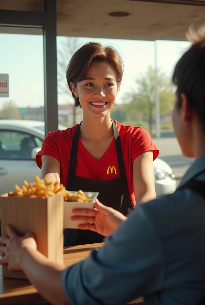 Context: A sunny day at the McDonald's drive-thru.
Character: A 50-year-old woman with short-cropped brown hair, wearing McDonald's uniform: a red T-shirt and black apron. Her features should be realistic and natural, without excessive stylization.
Action: She holds a bag full of orders outwards with a genuine smile, making sure her expression is natural and believable.
Additional details: Include realistic elements such as a drive-thru background, a visible car, and daylight details to add realism.
Style: Realistic, photo realistic, with attention to detail and character authenticity, real life not pixard or disney style