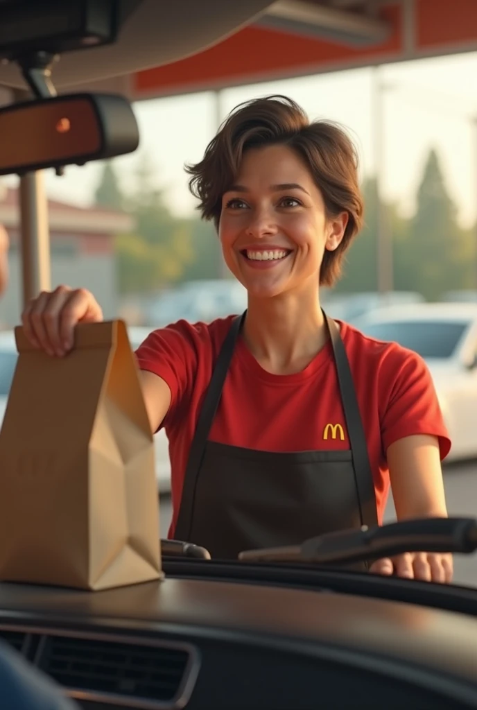 Context: A sunny day at the McDonald's drive-thru.
Character: A 50-year-old woman with short-cropped brown hair, wearing McDonald's uniform: a red T-shirt and black apron. Her features should be realistic and natural, without excessive stylization.
Action: She holds a bag full of orders outwards with a genuine smile, making sure her expression is natural and believable.
Additional details: Include realistic elements such as a drive-thru background, a visible car, and daylight details to add realism.
Style: Realistic, photo realistic, with attention to detail and character authenticity, real life not pixard or disney style