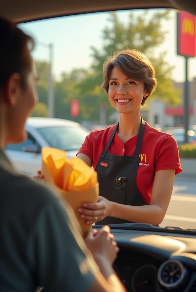 Context: A sunny day at the McDonald's drive-thru.
Character: A 50-year-old woman with short-cropped brown hair, wearing McDonald's uniform: a red T-shirt and black apron. Her features should be realistic and natural, without excessive stylization.
Action: She holds a bag full of orders outwards with a genuine smile, making sure her expression is natural and believable.
Additional details: Include realistic elements such as a drive-thru background, a visible car, and daylight details to add realism.
Style: Realistic, photo realistic, with attention to detail and character authenticity, real life not pixard or disney style

