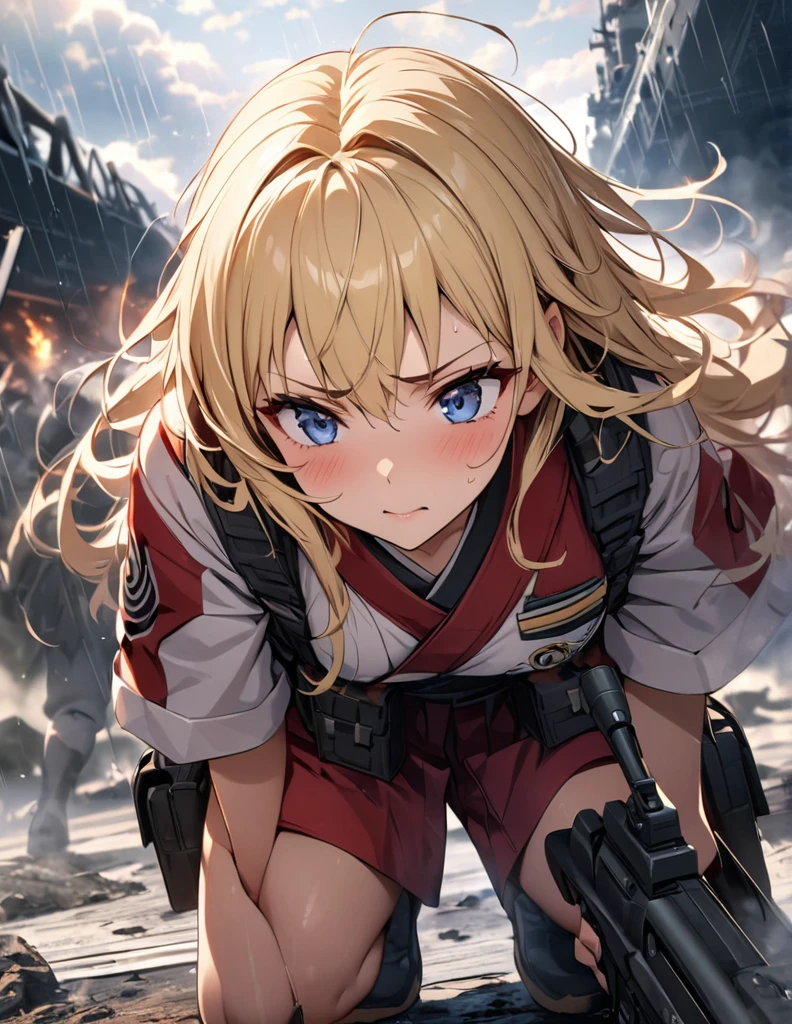 (anime)、(masterpiece:1.2),Atmospheric perspective,Lens flare、Fog of Battlefield、End of battle, Makes the world look grey、When it rains, The female soldier is crouching.。With an irritated look on his face, he vows revenge..。Rain-soaked hair、blonde、blue eyes、Space Battleship Yamato、Traces of fierce fighting are everywhere、Smoke rising from everywhere、A work of blurry color M4 Carbine,Possession of a gun