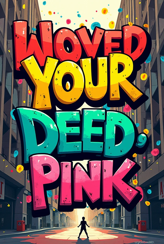 A captivating and vibrant urban street scene illustration, featuring bold, graffiti-style typography that reads, "Ariapunk Music Room" The quote is written in vivid colors: red, yellow, blue, green, and pink, with each word in a unique hue. Abstract shapes and patterns create an energetic and dynamic background atmosphere. A small, stenciled silhouette few gymnastic . The overall composition exudes a sense of empowerment, inspiration, and a vibrant energy that captures the spirit of urban art and the power of self-expression., vibrant, illustration, graffiti, typography