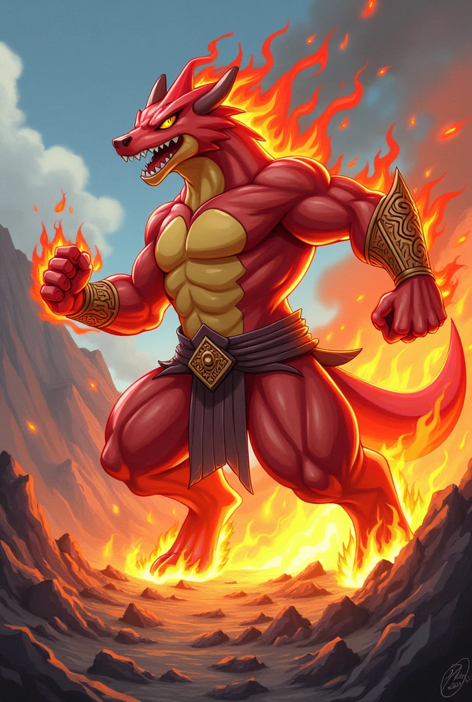 create a fire and fighting type pokemon in cartoon style