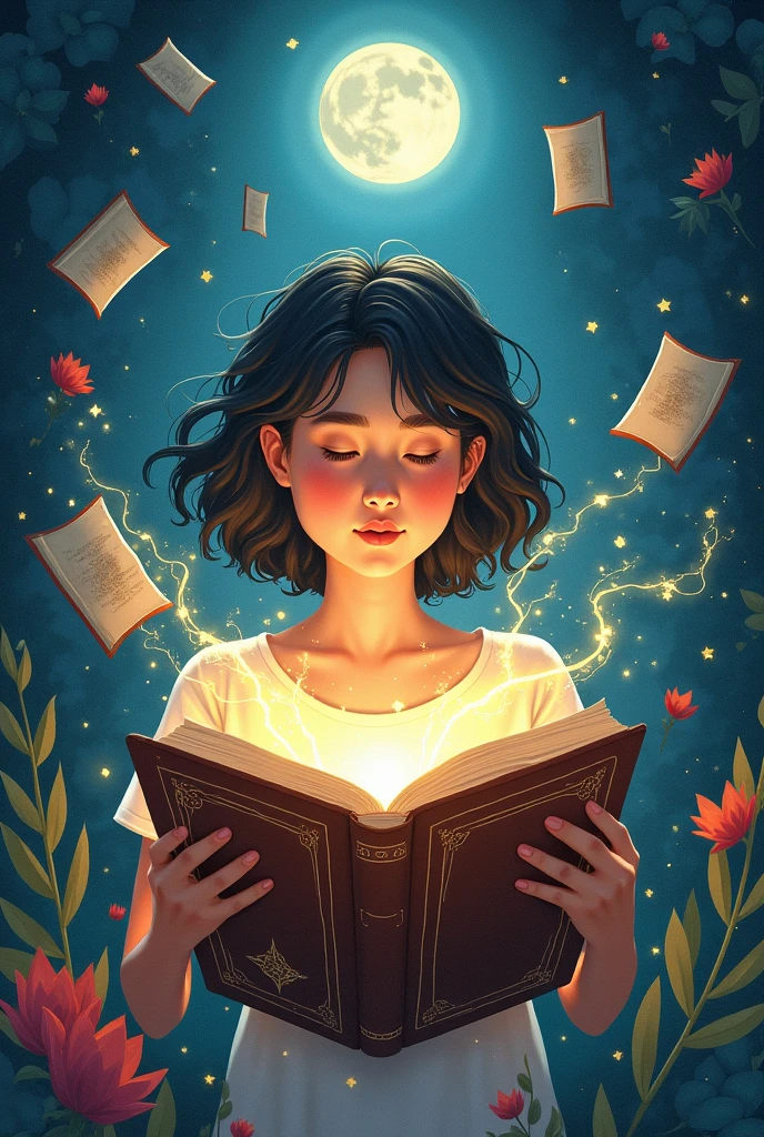 Illustration of a person immersed in a book, with an imaginary world that emerges from the pages of a book. (Imaginary pictures that are easier to draw)