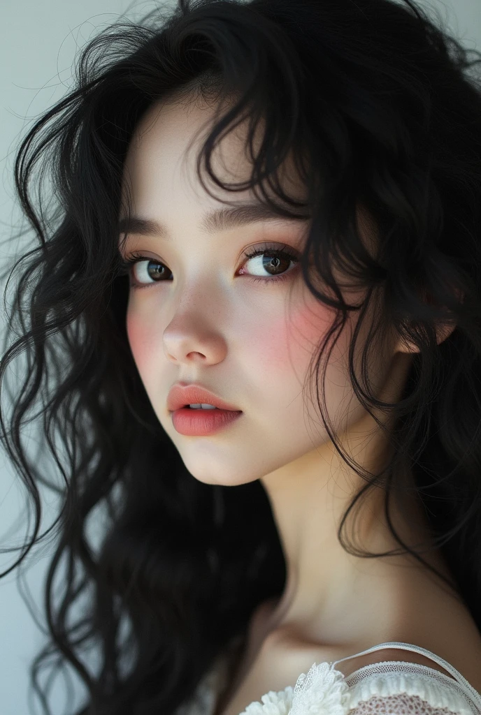 Beautiful fairy women, long black curly hair, black eyes, black round eyebrows, broad nose , chubby blushing chicks photo in white background